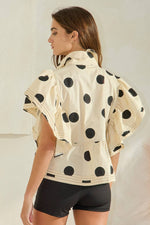 IT2337 Ruffle Sleeves Pintuck Detail Polka Dot Print top: Blue/Navy / S-M-L (2-2-2)