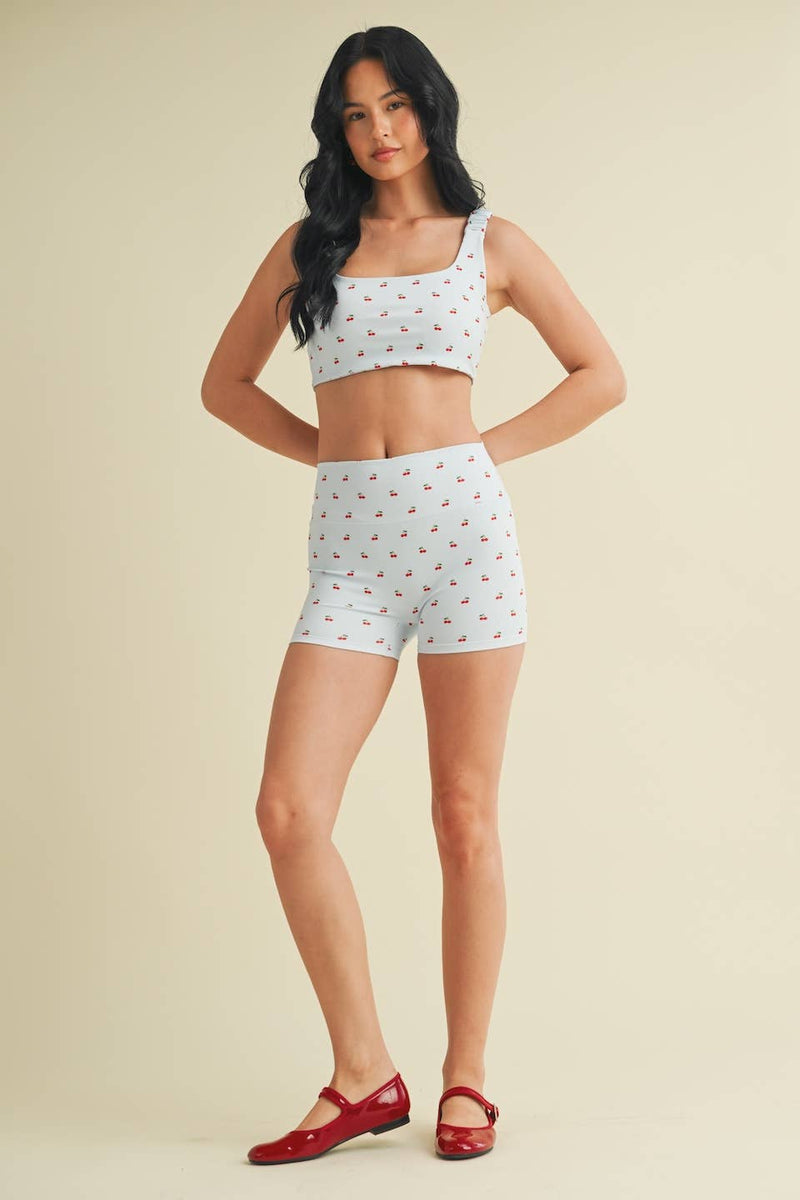 Cherry Print Ruched Bra Top and Shorts Set