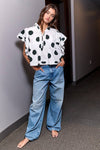 IT2337 Ruffle Sleeves Pintuck Detail Polka Dot Print top: Blue/Navy / S-M-L (2-2-2)