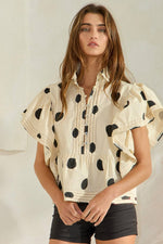 IT2337 Ruffle Sleeves Pintuck Detail Polka Dot Print top: Blue/Navy / S-M-L (2-2-2)