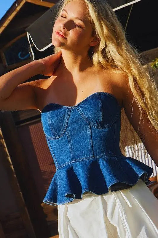 Denim Peplum Strapless Top