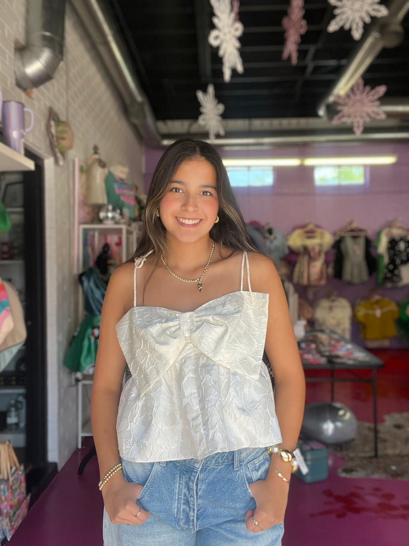 White Floral Bow Top