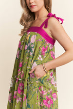 Bright Floral Print A line Maxi Dress: Olive Floral / S
