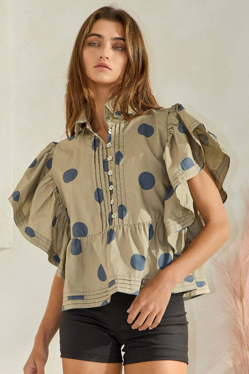 IT2337 Ruffle Sleeves Pintuck Detail Polka Dot Print top: Blue/Navy / S-M-L (2-2-2)