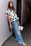 IT2337 Ruffle Sleeves Pintuck Detail Polka Dot Print top: Blue/Navy / S-M-L (2-2-2)
