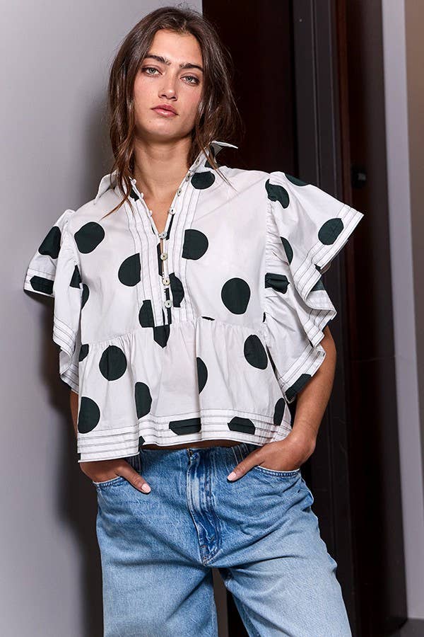 IT2337 Ruffle Sleeves Pintuck Detail Polka Dot Print top: Blue/Navy / S-M-L (2-2-2)