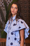 IT2337 Ruffle Sleeves Pintuck Detail Polka Dot Print top: Blue/Navy / S-M-L (2-2-2)