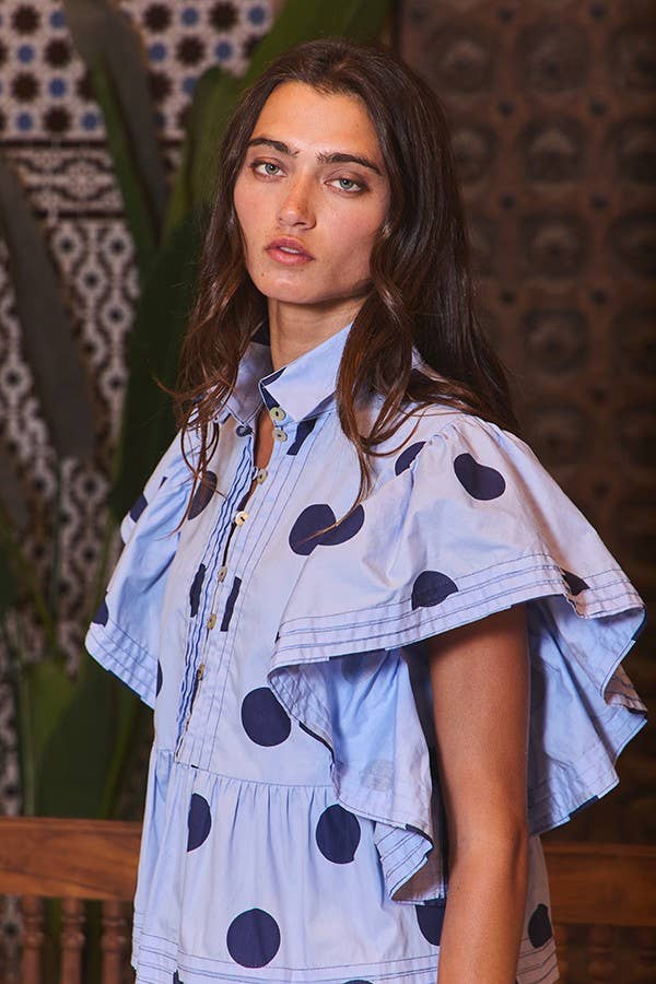 IT2337 Ruffle Sleeves Pintuck Detail Polka Dot Print top: Blue/Navy / S-M-L (2-2-2)