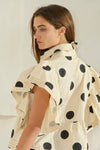 IT2337 Ruffle Sleeves Pintuck Detail Polka Dot Print top: Blue/Navy / S-M-L (2-2-2)