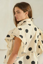 IT2337 Ruffle Sleeves Pintuck Detail Polka Dot Print top: Blue/Navy / S-M-L (2-2-2)