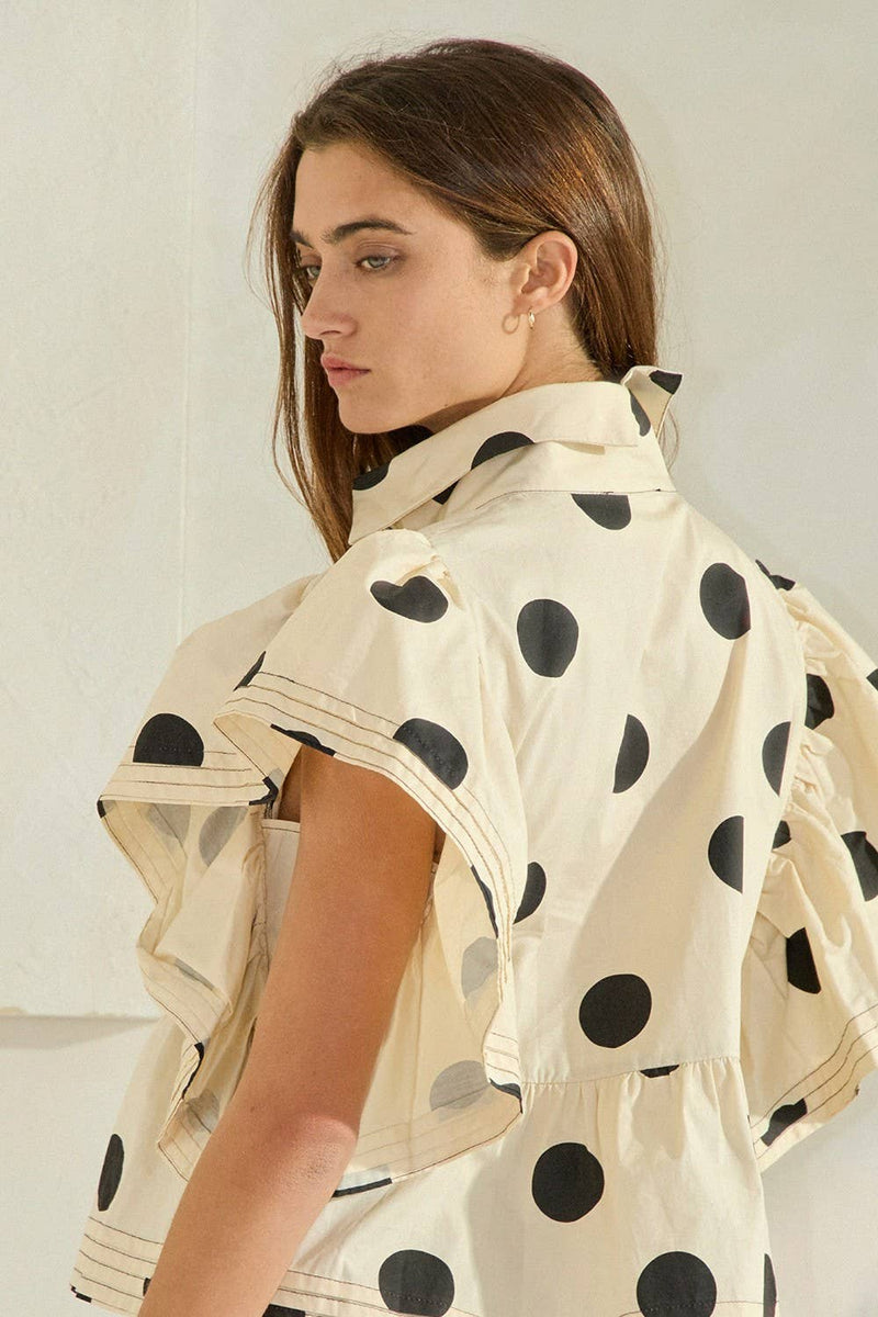IT2337 Ruffle Sleeves Pintuck Detail Polka Dot Print top: Blue/Navy / S-M-L (2-2-2)