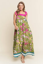 Bright Floral Print A line Maxi Dress: Olive Floral / S