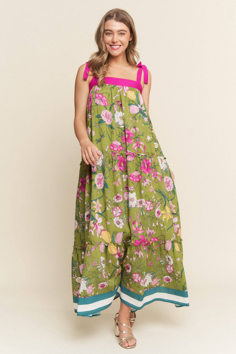 Bright Floral Print A line Maxi Dress: Olive Floral / S