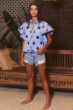IT2337 Ruffle Sleeves Pintuck Detail Polka Dot Print top: Blue/Navy / S-M-L (2-2-2)