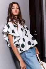 IT2337 Ruffle Sleeves Pintuck Detail Polka Dot Print top: Blue/Navy / S-M-L (2-2-2)