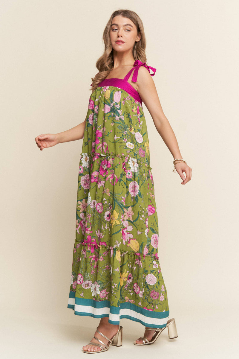 Bright Floral Print A line Maxi Dress: Olive Floral / S