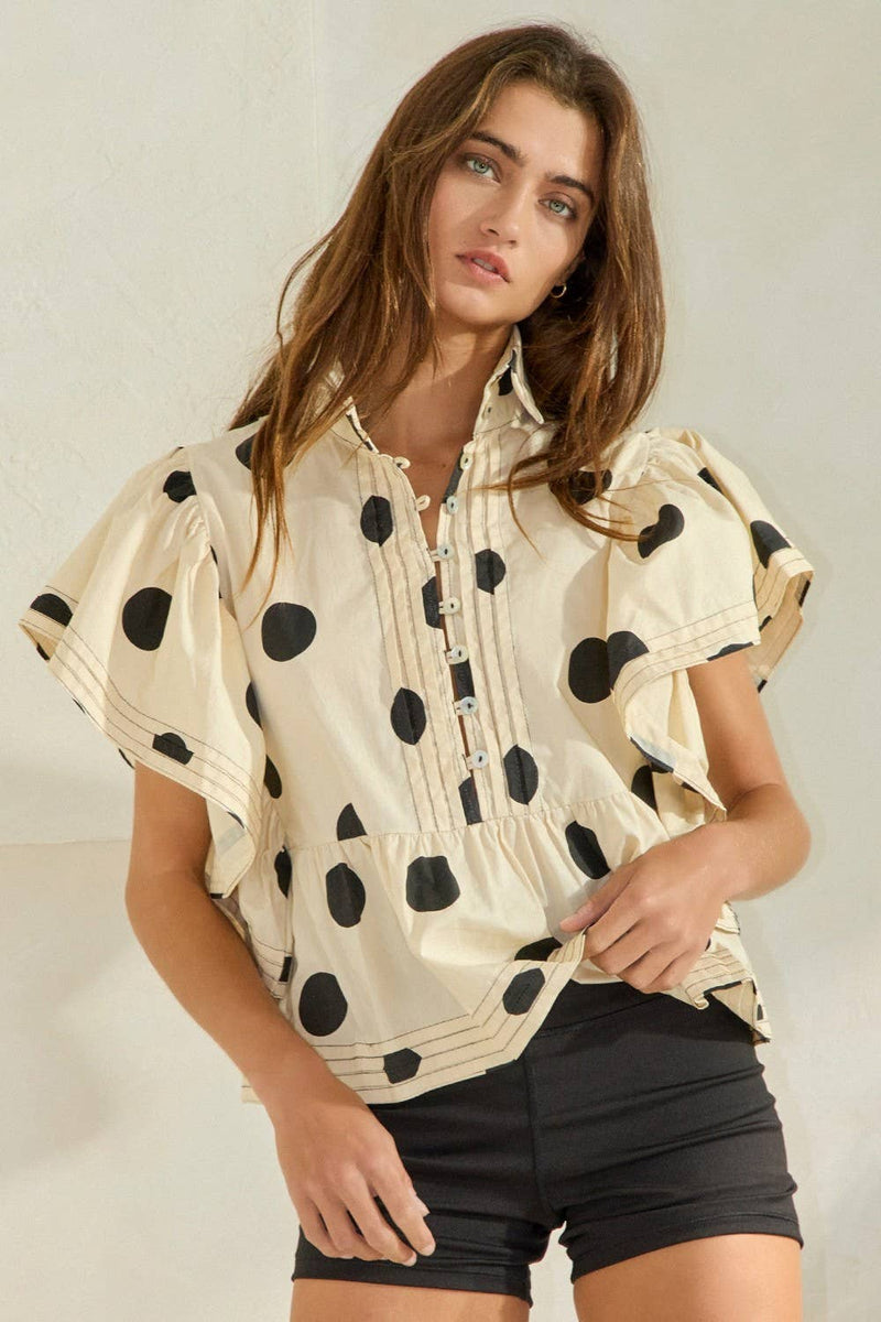 IT2337 Ruffle Sleeves Pintuck Detail Polka Dot Print top: Blue/Navy / S-M-L (2-2-2)