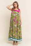 Bright Floral Print A line Maxi Dress: Olive Floral / S