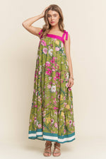 Bright Floral Print A line Maxi Dress: Olive Floral / S