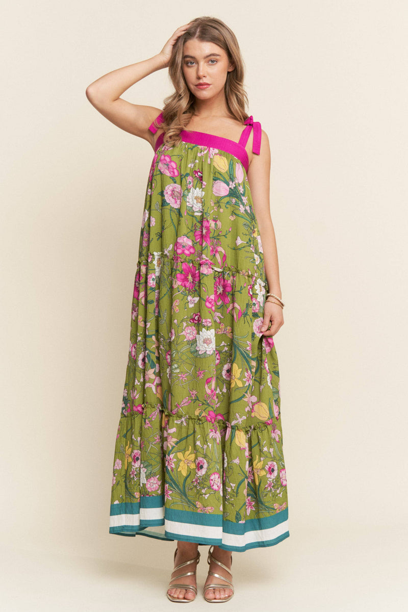 Bright Floral Print A line Maxi Dress: Olive Floral / S