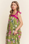 Bright Floral Print A line Maxi Dress: Olive Floral / S