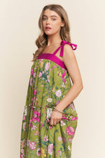 Bright Floral Print A line Maxi Dress: Olive Floral / S