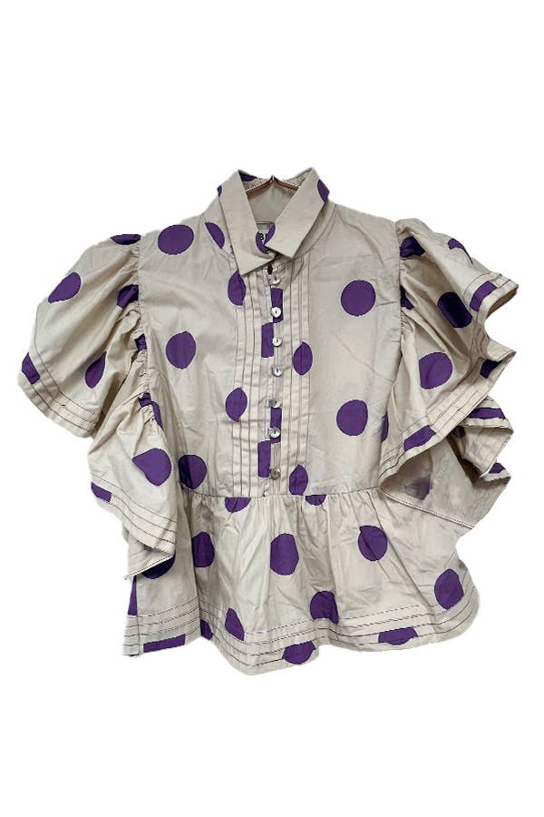 IT2337 Ruffle Sleeves Pintuck Detail Polka Dot Print top: Blue/Navy / S-M-L (2-2-2)