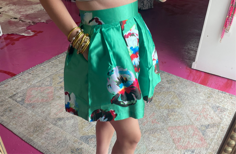Green Floral Satin Skirt