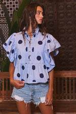 IT2337 Ruffle Sleeves Pintuck Detail Polka Dot Print top: Blue/Navy / S-M-L (2-2-2)