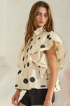 IT2337 Ruffle Sleeves Pintuck Detail Polka Dot Print top: Blue/Navy / S-M-L (2-2-2)