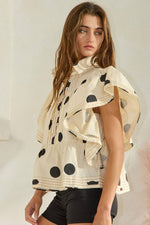 IT2337 Ruffle Sleeves Pintuck Detail Polka Dot Print top: Blue/Navy / S-M-L (2-2-2)