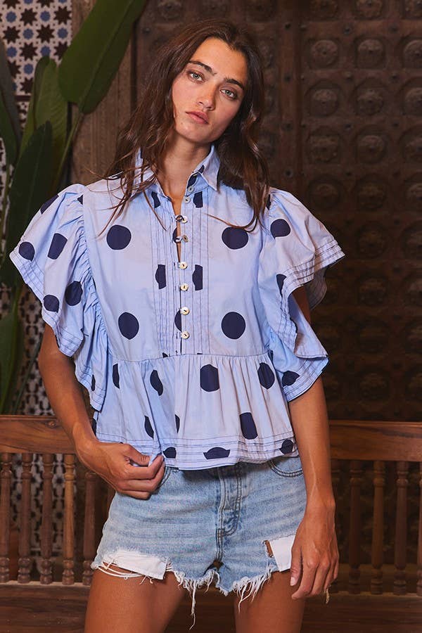 IT2337 Ruffle Sleeves Pintuck Detail Polka Dot Print top: Blue/Navy / S-M-L (2-2-2)