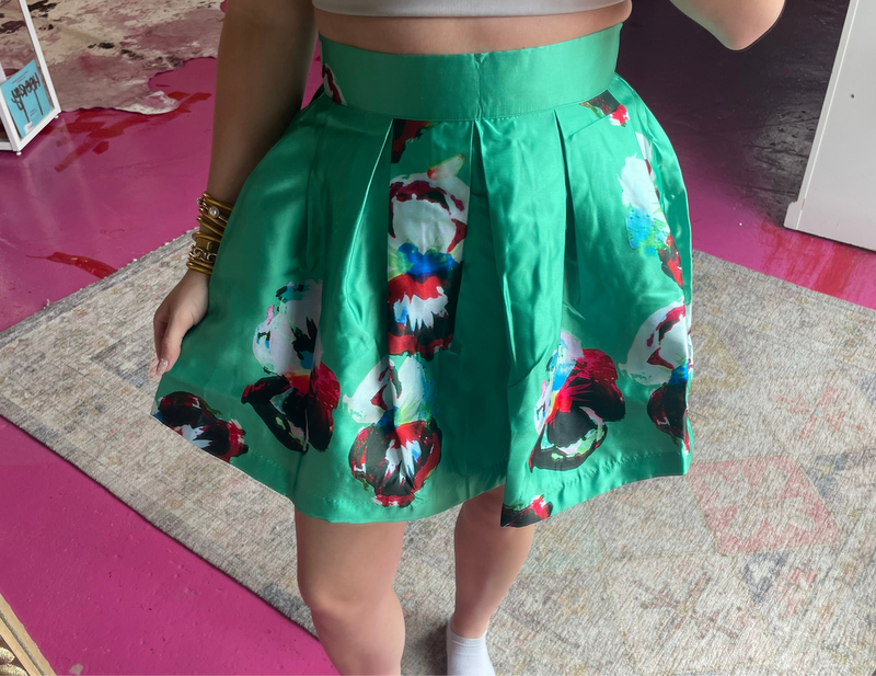Green Floral Satin Skirt