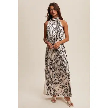 White and Black Floral Maxi Dress