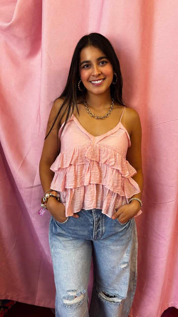 Pink Ruffled Layered Spaghetti Strap Top