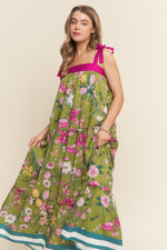 Bright Floral Print A line Maxi Dress: Olive Floral / S