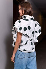 IT2337 Ruffle Sleeves Pintuck Detail Polka Dot Print top: Blue/Navy / S-M-L (2-2-2)