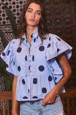 IT2337 Ruffle Sleeves Pintuck Detail Polka Dot Print top: Blue/Navy / S-M-L (2-2-2)