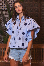IT2337 Ruffle Sleeves Pintuck Detail Polka Dot Print top: Blue/Navy / S-M-L (2-2-2)