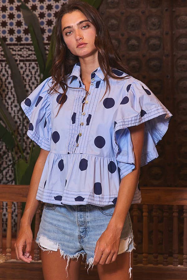 IT2337 Ruffle Sleeves Pintuck Detail Polka Dot Print top: Blue/Navy / S-M-L (2-2-2)