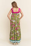 Bright Floral Print A line Maxi Dress: Olive Floral / S