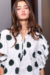IT2337 Ruffle Sleeves Pintuck Detail Polka Dot Print top: Blue/Navy / S-M-L (2-2-2)