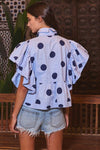 IT2337 Ruffle Sleeves Pintuck Detail Polka Dot Print top: Blue/Navy / S-M-L (2-2-2)