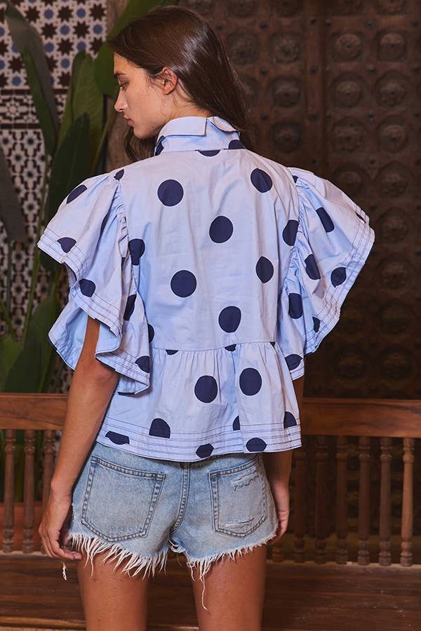 IT2337 Ruffle Sleeves Pintuck Detail Polka Dot Print top: Blue/Navy / S-M-L (2-2-2)