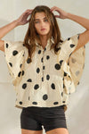 IT2337 Ruffle Sleeves Pintuck Detail Polka Dot Print top: Blue/Navy / S-M-L (2-2-2)