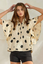 IT2337 Ruffle Sleeves Pintuck Detail Polka Dot Print top: Blue/Navy / S-M-L (2-2-2)