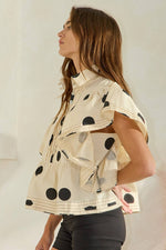 IT2337 Ruffle Sleeves Pintuck Detail Polka Dot Print top: Blue/Navy / S-M-L (2-2-2)