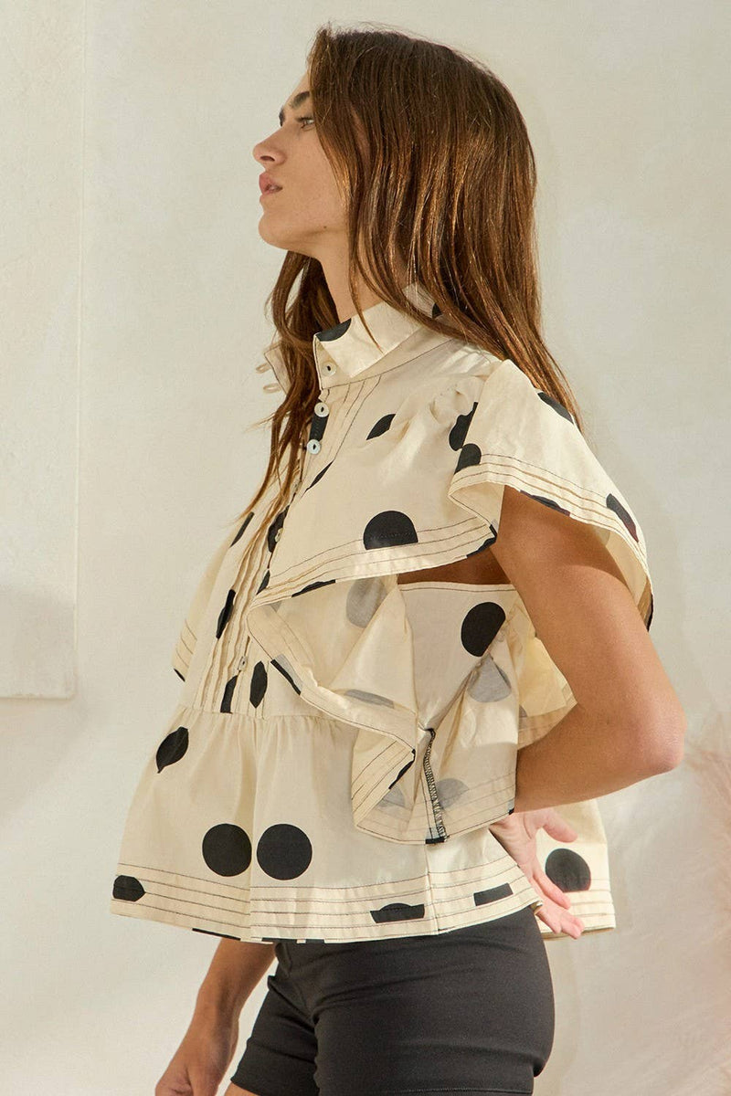 IT2337 Ruffle Sleeves Pintuck Detail Polka Dot Print top: Blue/Navy / S-M-L (2-2-2)