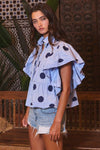 IT2337 Ruffle Sleeves Pintuck Detail Polka Dot Print top: Blue/Navy / S-M-L (2-2-2)